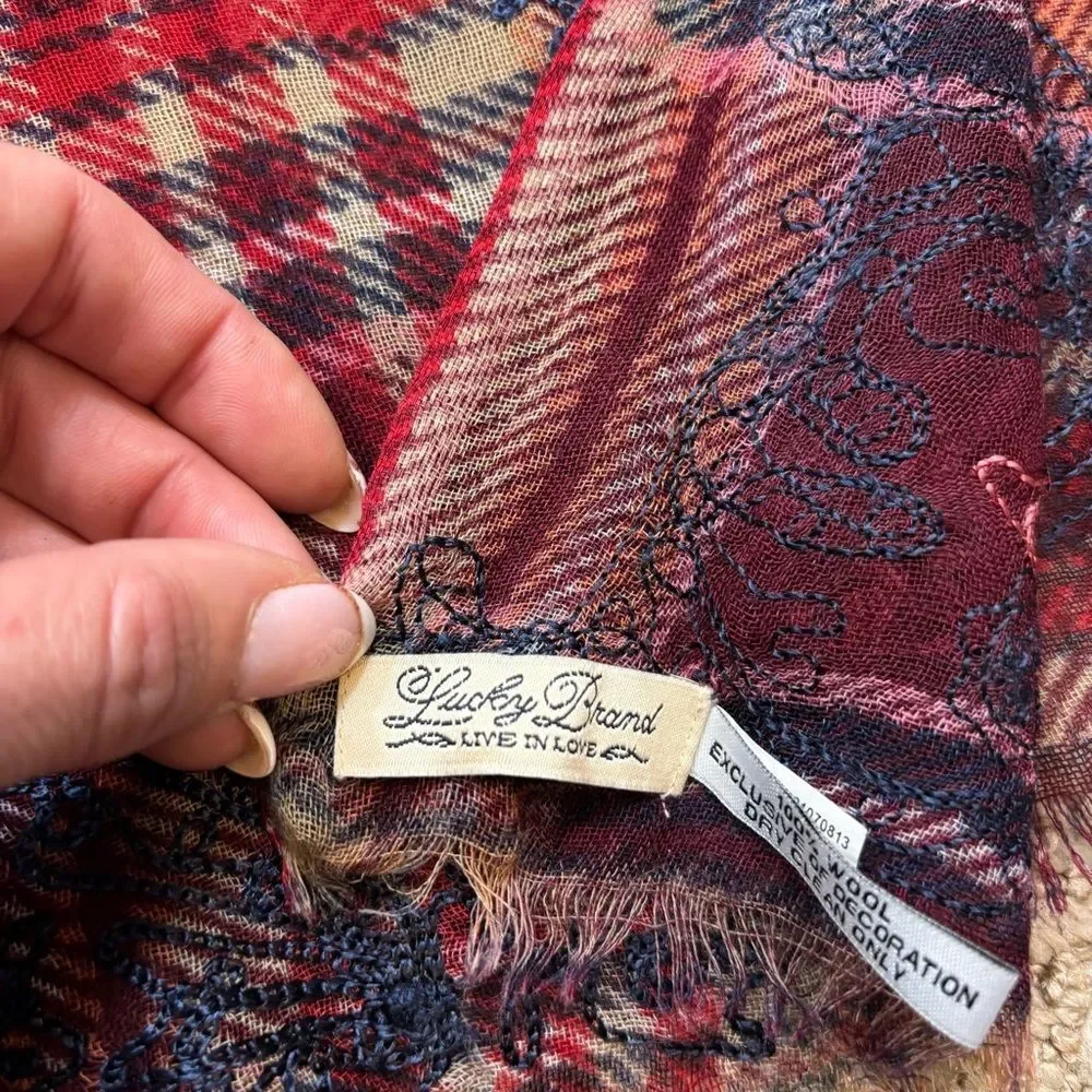 Ladies Lucky Brand Red‎ and Blue Plaid Wool Fringe End Scarf with Embroidery